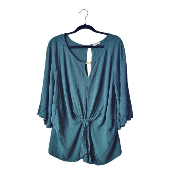 Krazy Kat Hunter Green 3/4 Sleeve Eye Let Accent Blouse - Picture 1 of 9